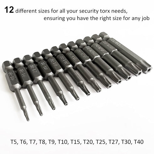 Torx Screwdriver Bit Set, PTSLKHN S2 Steel Magnetic Security Tamper Proof Star 6 Point Screw Driver Kit Tools, 12PCS 1/4" Hex Shank T5-T40 50mm Le...