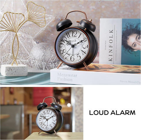 Loud Alarm for Deep Sleepers 4'' Retro Twin Bell Alarm Clock with Backlight for Bedroom and Home Decoration(Retro Black)...