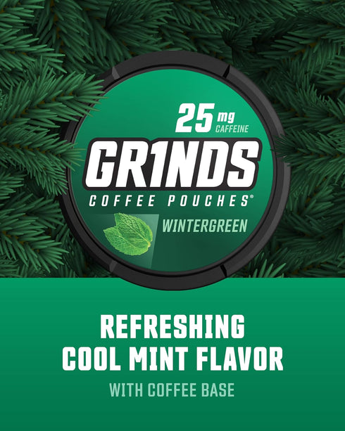 Grinds Coffee Pouches | Tobacco Free, Nicotine Free Healthy Alternative | 3 Cans of Wintergreen | 18 Pouches Per Can | 1 Pouch eq. 1/4 Cup of Coff...