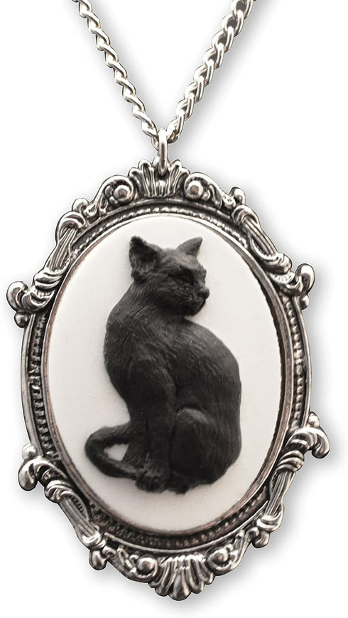 Black Cat Cameo in Antique Silver Finish Pewter Frame Pendant Necklace...