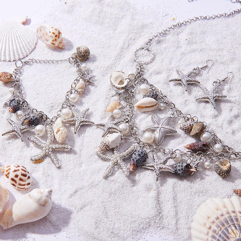 PH PandaHall 3 IN 1 Fashion Sea Shell Starfish Faux Pearl Collar Bib Statement Chunky Mermaid Tail Necklace Bracelet and Earrings Mermaid Costume ...