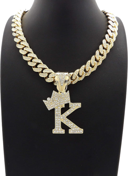 Hip Hop Alphabet Initial K Pendant & 12mm 18" Full Iced Box Lock Cuban Chain Necklace...