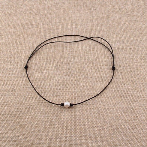 Single Pearl Choker Necklace can be Adjustable Leather Cord One Bead Jewelry for Women Handmade...