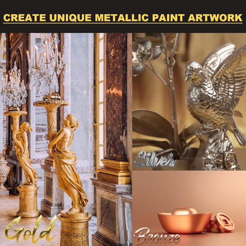 Acrylic Paint Metallic, 3pcs 13.5oz(375g) Gold & Silver & Bronze, Gold Leaf Paint for Art Painting, Ideal for Canvas, Wood, Clay, Fabric, Ceramic,...