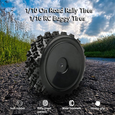 4pcs 1/10 On-Road Wheels and Tires 12mm Hex Black Hard Dish Wheel and Rally Block Tyre for Street Racing Car Kyosho Tamiya Traxxas HPI etc, with L...