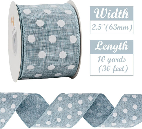 HUIHUANG Denim Blue and White Polka Dot Wired Ribbon 2-1/2 inch, Wire Edge Dots Burlap Ribbon for Wreath Supplies Bows Making DIY Crafts Home Outd...