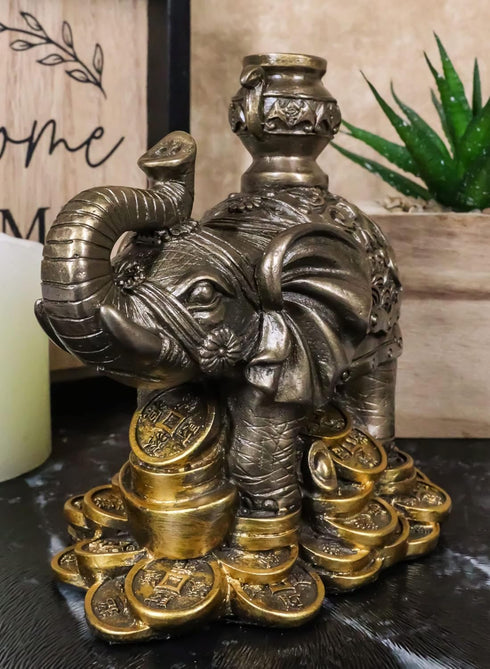 Ebros Small Feng Shui Auspicious Elephant Carrying Wealth Pot With Trunk Up Standing On Golden Coins Ingots And Nuggets Statue 4.25"Long Home Deco...