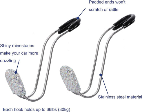 Universal Bling Car Seat Back Hook Headrest Hook Rhinestone Car Purse Accessories Metal Stainless Steel Hook Cute Car Seat Back Storage Hook for C...