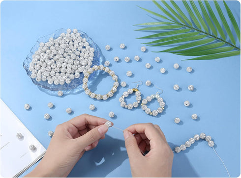 QINJIEJIE 100pcs 10mm Rhinestone Beads for Jewelry Making White Beads Sparkly Disco Ball Beads Bulk Round Crystal Diamond White Clay Beads for Nec...