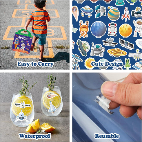 213 PCS Space Reusable Sticker Books for Kids, 6 Sheets Reusable Stickers for Toddlers, Cute Waterproof Toddler Stickers Age 3+, Window Clings Tra...