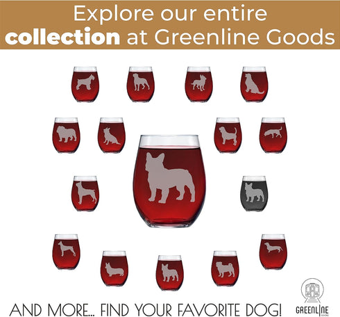 Greenline Goods French Bulldog Stemless Wine Glasses (One Glass) - Frenchie Dog Lovers Gifts for Him and Her - Hand Etched 2-Sided Silhouette with...