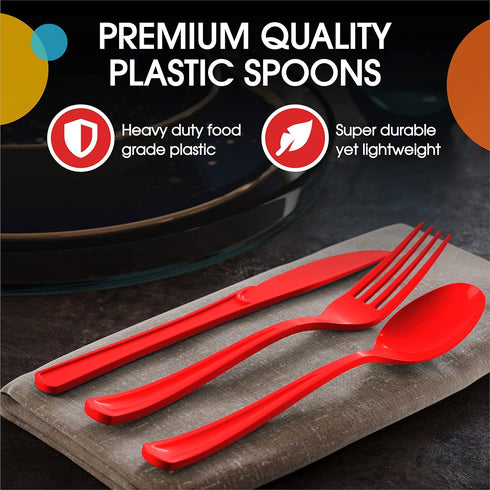 Disposable Red Plastic Spoons 50 Pcs - Heavy Duty Red Plastic Disposable Cutlery - Red Disposable Flatware, Red Plastic Silverware, Plastic Spoons...