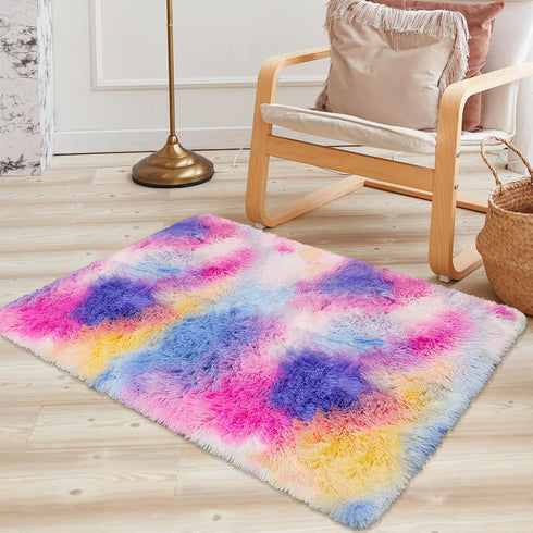 2x3 ft Small Throw Rugs Furry, Non Slip Mini Area Rug, Fluffy Tie-Dyed Rainbow Carpet,for Bedroom Door Entryway Indoor Inside Front Entrance Dog M...