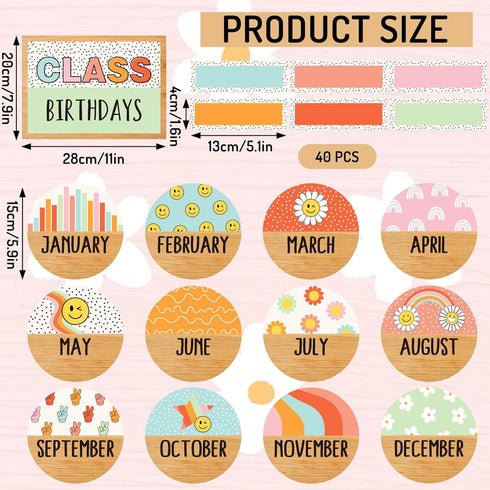 Back to School Birthday Bulletin Board Set Groovy Class Birthday Bulletin Board Stickers Retro Boho Hippie Month Header Decals for School Classroo...