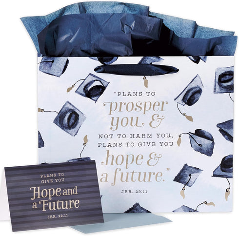 Christian Art Gifts Landscape Gift Bag with Card and Tissue Paper Set - Hope and A Future - Jeremiah 29:11 Inspirational Bible Verse, Navy Graduat...