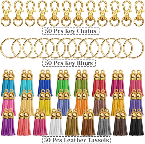 Anezus 100Pcs Craft Tassel Set - 50 Tassels, 25 Lobster Clasp Keychains, 25 Rings for Acrylic Keychains, Gold...