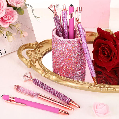 Sabary 8 Pcs Ballpoint Pens with Pen Holder for Desk Metal Crystal Diamond Pen Glitter Pencil Holder Fancy Pens Black Ink Bling Desk Organizer for...