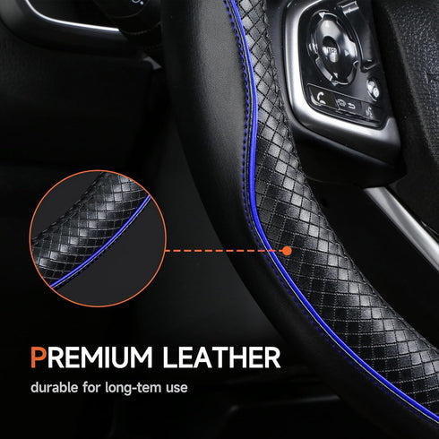 Leather Steering Wheel Cover?Black with Blue line?Anti-Slip, Safety, Soft, Sports Style, Black Steering Wheel Cover, Adaptable to 14.5-15 inches S...