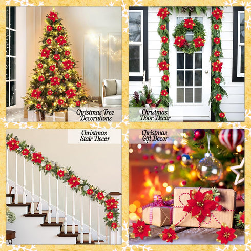Geefuun 28PCS Christmas Tree Decorations: Poinsettias Artificial Flowers Ornaments Xmas Red Glitter Flower with Clips,3 Sizes Not Included Stems...