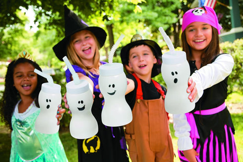 Fun Express Set of 12 Pieces Ghost Shape Cups with Straw for Halloween, Holds 8 oz, BPA Free Plastic, Kids Party Supplies, White...