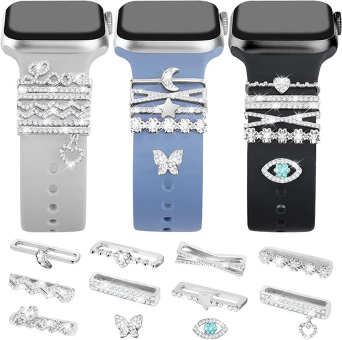 JR.DM 11-Pcs Super Bling Watch Charms with 9-Pcs Decorative Rings Loops 2-Pcs Decoration, Compatible with Apple Watch Band Metal Diamond Sliding A...