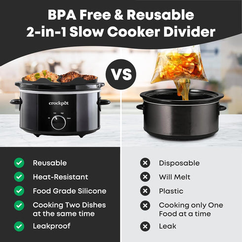 AMR 2in1 Slow Cooker Liners for 6-8 QT Crockpots, Silicone Crockpot Liner for Cooking 2 Dishes, Leak Proof & Dishwasher Safe...