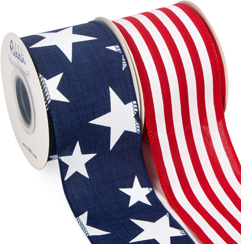Ribbli Patriotic Ribbon Wired,2 Rolls Navy Star and Red Stripe Burlap Ribbon,2-1/2 Inch Total 60 Feets(20 Yards),Patriotic Ribbon for Crafts,Wreat...