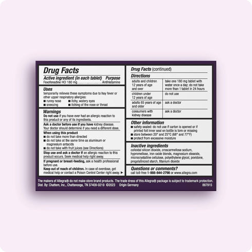 Allegra Adult 24HR Non-Drowsy Antihistamine, 30 Tablets, Fast-Acting Allergy Symptom Relief, 180 mg...