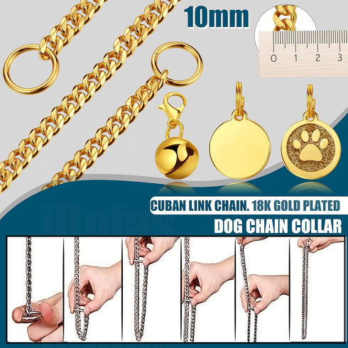 Gold Dog Collar 10mm Slip Collar Gold Cuban Link Dog Chain Collars Stainless Steel Heavy Duty Gold Collar for Dogs.(14")...