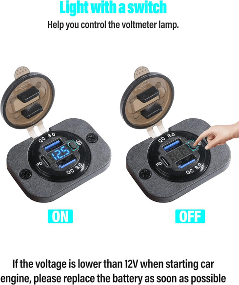 12v USB Outlet, Quick Charge 3.0 Dual USB and PD USB C Socket Power Outlet with On Off Switch,12 Volt USB Charger Socket,Waterproof 12V/24V Fast C...