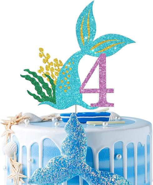 Mermaid Four Cake Topper, Happy 4th Birthday Cake Decor, I'm Four Sign, Little Mermaid Birthday Party Decoration Supplies, Daughter of the Sea, Un...