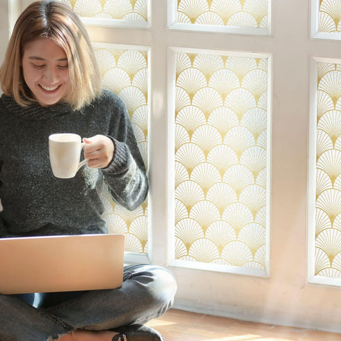 DKTIE Window Privacy Film Frosted Glass Static Clings Non Adhesive with Installation Tools, Modern Home Improvement Style (Gold, 17.7'' x 118.1'')...