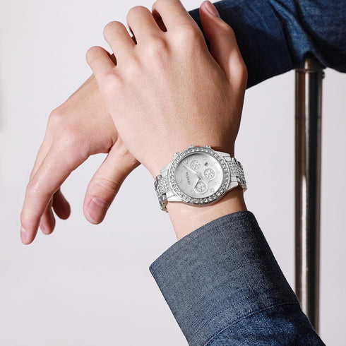 FANMIS Luxury Unisex Pave Floating Crystal Diamonds Calendar Digital Quartz Watch Business Dress Watch Luminous Pointer with Stainless Steel Link ...