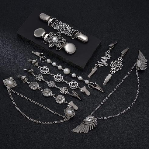 Tornito 12Pcs Vintage Sweater Shawl Clips Retro Cardigan Collar Shirt Waist Clip Dresses Chain Clip Antique Flowers Pattern Brooch Pins Clip for W...