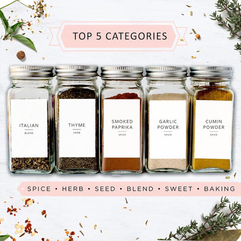 Minimalist Spice Labels - 160 Waterproof Spice Jar Labels - Preprinted Herb Stickers - Fits Round Bamboo Jars or Rectangular Glass Seasoning Conta...