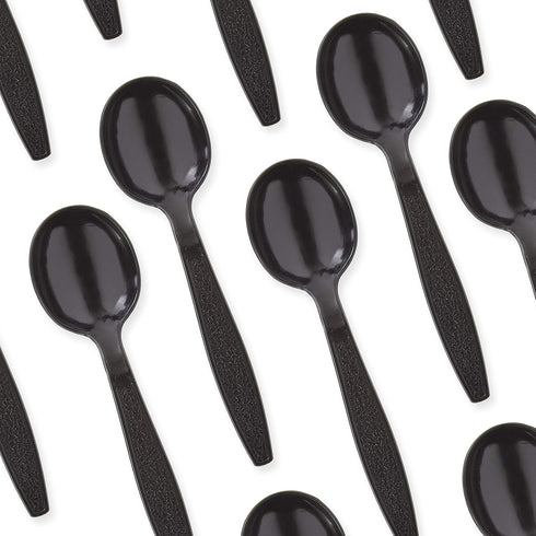 Extra Sturdy, Pro-Grade Plastic Soup Spoons 50 CT. Black, Heavy Duty Recyclable Utensils for Soups, Stews, Chili and Gumbo. Heavyweight Round Spoo...