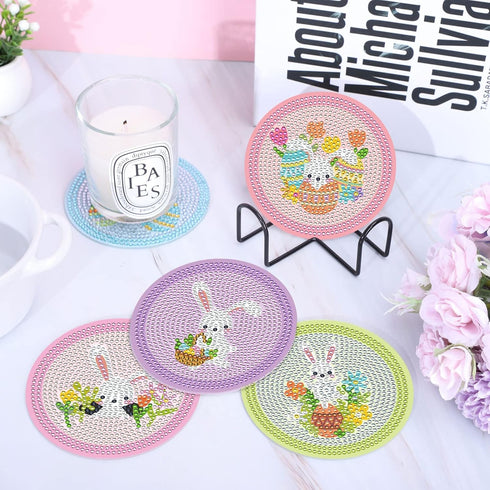 Whaline 8Pcs Easter Diamond Drawing Coasters with Holder, DIY Diamond Drawings Coasters, Colorful Bunny Rabbit Egg Diamond Drawing Kits for Adults...