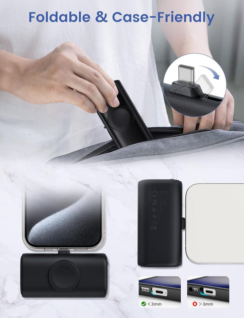 RORRY Mini Portable Charger for iPhone 15, Built-in Foldable USB-C Connector Power Bank, 5000mAh 15W Fast Charging Small Battery Pack for iPhone 1...