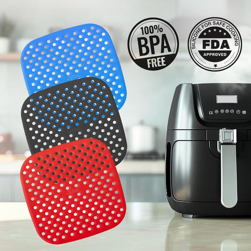 Reusable Air Fryer Liners 3 Pack for 3-5QT or Bigger - 7.5" Square Silicone Airfryer Liner - Easy to Clean Air Fryer Accessories As Seen on the To...
