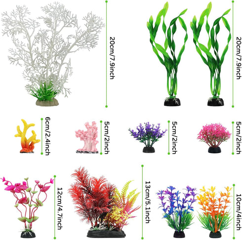 Aquarium Decorations Plants with Resin Coral, 12 pcs Fish Tank Accessories, Fish Tank Decorations Small Plants Plastic, Aquarium Decor Artificial ...