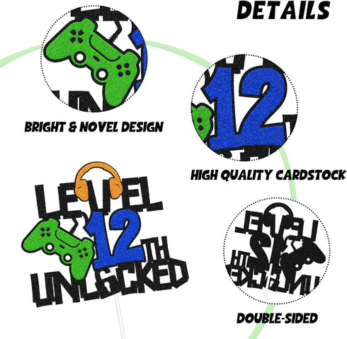 Level 12th Unlocked Cake Topper, Happy 12th Birthday Level Up Cake Decoration, Video Game Controller Play Game Theme, Boy’s Twelfth Birthday Party...