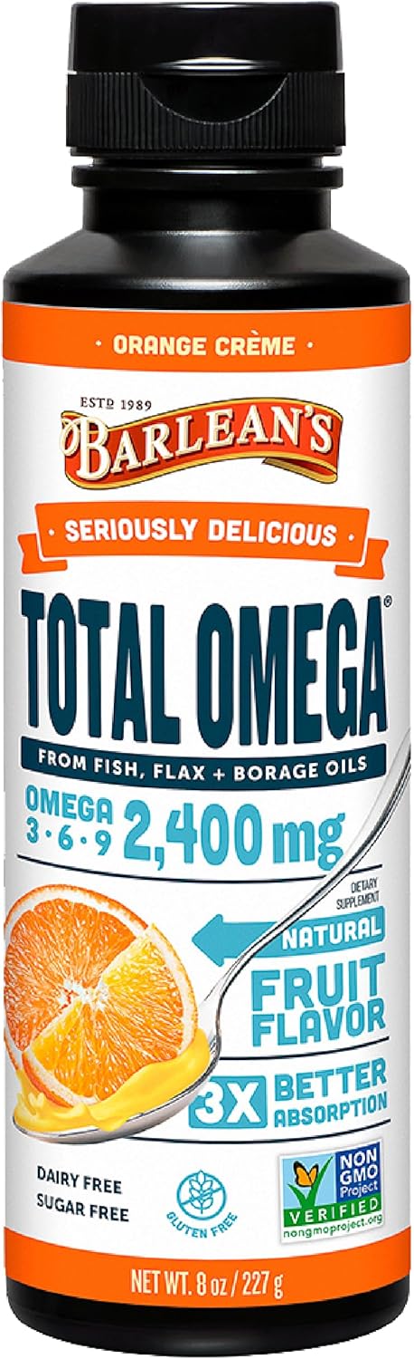 Barlean's Total Omega 3 6 9 Orange Crème Liquid Fish Oil Supplement with Borage and Flaxseed Oil, 2,400 mg of Omegas EPA and DHA Plus GLA for Join...