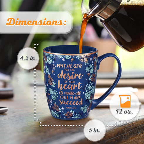 Christian Art Gifts Blue Bible Verse Mug – Floral Faith Mug for Women & Men, Ceramic Coffee Mug w/Gold Trim & Psalm 20:4 Calligraphy – “The Desire...