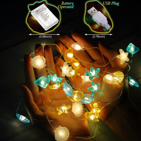 1 Pcs Ocean Beach Themed Sea Life Cute Fairy Decorative String Lights 10 FT 30 LEDs, 8 Light Modes Battery Operated, Starfish and Seashell Design ...