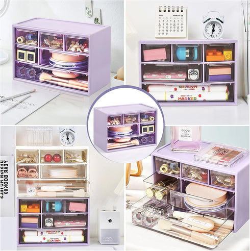 Desk Storage Organizer with 6 Mini Drawers, FODIENS Stackable Desktop Craft Drawer Cabinet, Clear Storage Box Caddy for Makeup Jewelry Office Craf...
