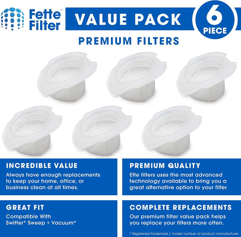 Fette Filter - Vacuum Replacement Filters Compatible with Swiffer Sweep and Vac. Compare to Part #99196 (Pack of 6)...