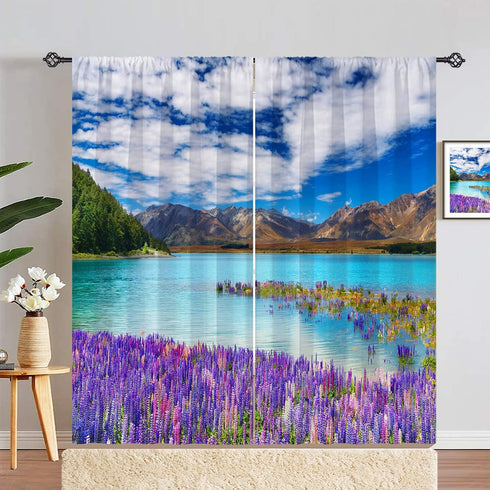 ANHOPE Floral Curtains Nature Landscape Theme Window Drapes with Lavender Flower Lake Mountain Scenery Scene Print Pattern Rod Pocket Curtains for...