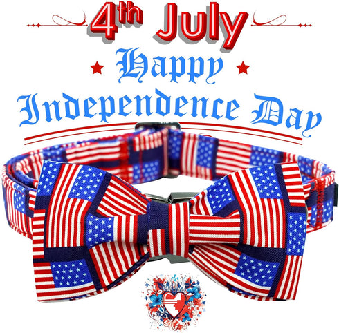 Elegant little tail Independence Day Dog Collar, Holiday Pet Collar with Bow Dog Durable Patriotic Dog Collars Pet Gift Adjustable Dog Collar for ...