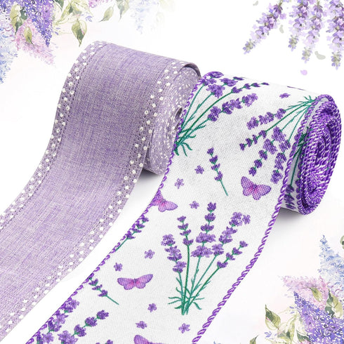 2 Rolls 10 Yards Floral Wired Edge Ribbon, 2.5inch Purple Lavender Butterfly Burlap Ribbon, Purple White Dot Gift Wrapping Ribbon for Farmhouse Pa...
