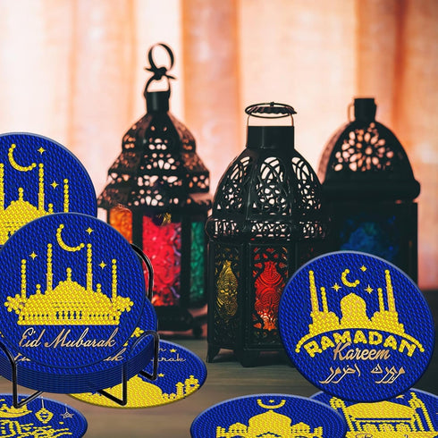 8 Pieces Ramadhan Diamond Coasters Kit with Holder DIY Ramadhan Festival Diamond Art Coasters for Beginners Adults Kids Art Table Home Craft Gift ...